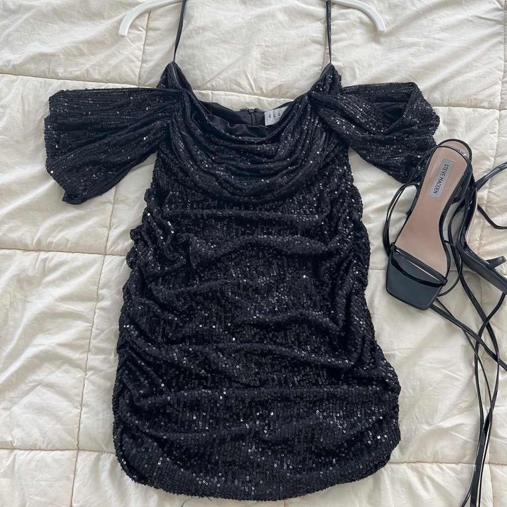 Club London | Black Strapless Mini Sequence Dress: 6